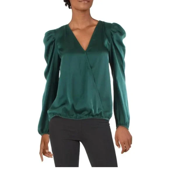 Sam & Jess Puff Shoulder Surplice Arresting Emerald Satin Wrap Top - Picture 1 of 10